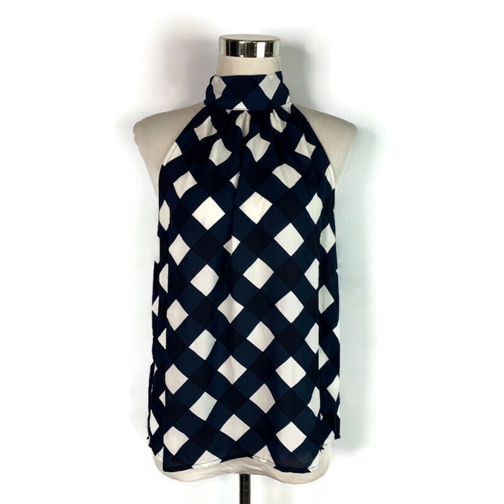 J. Crew Navy and White Halter Neck Diamond-Check Blouse